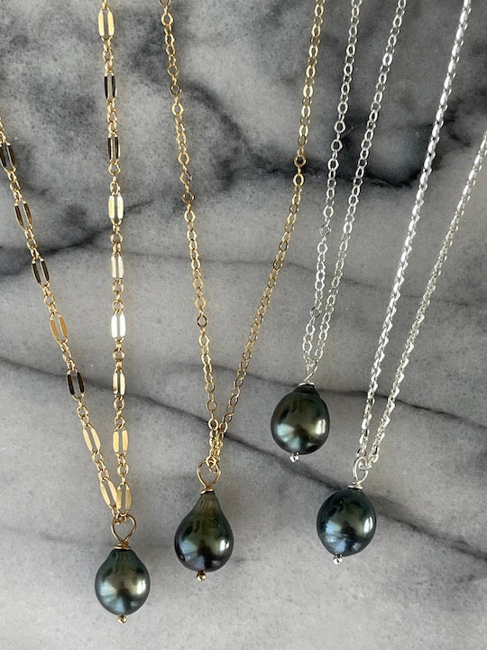 Tahitian pearl drop necklace in Gold or Silver