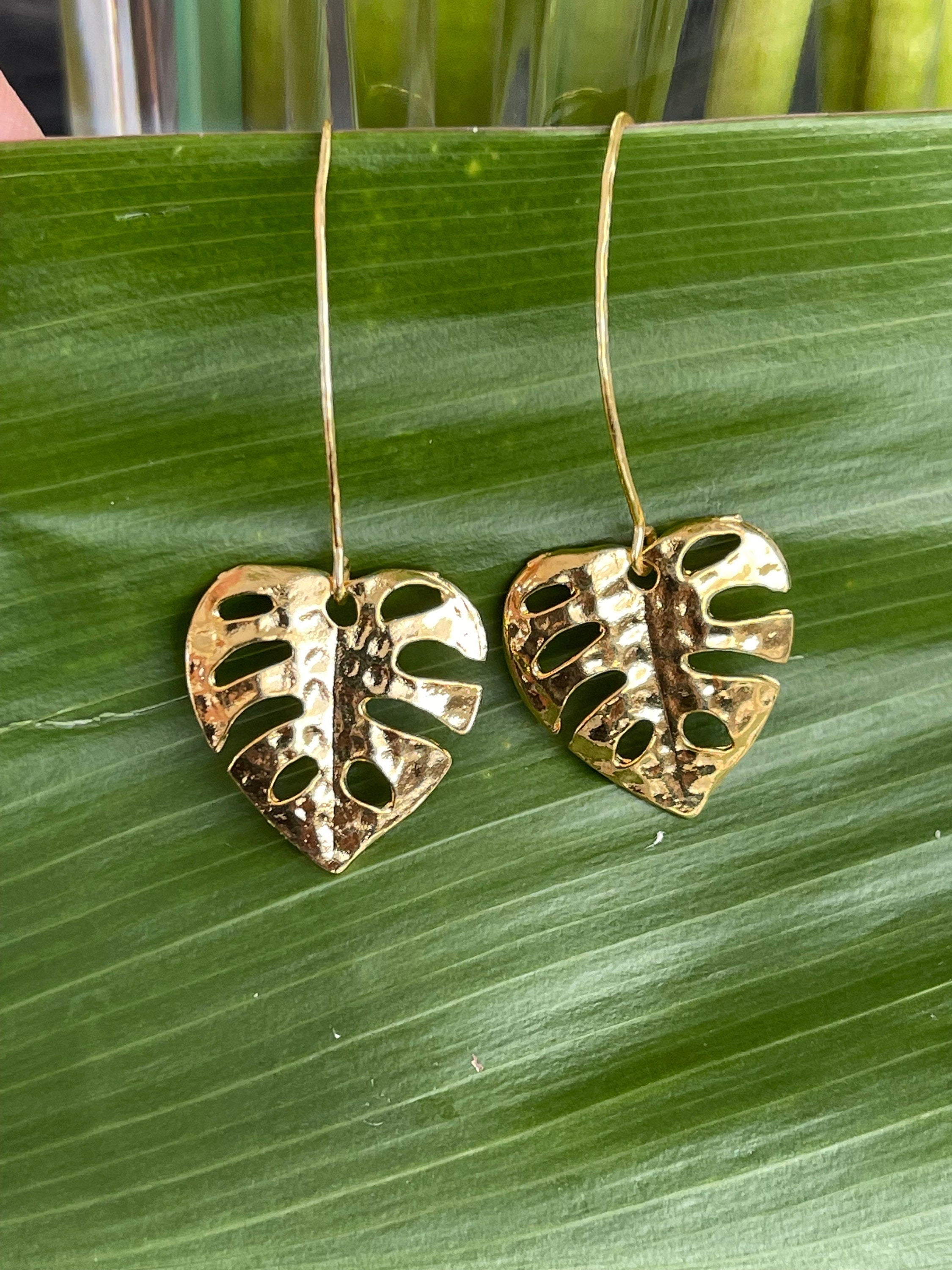 Gold monstera earrings sales